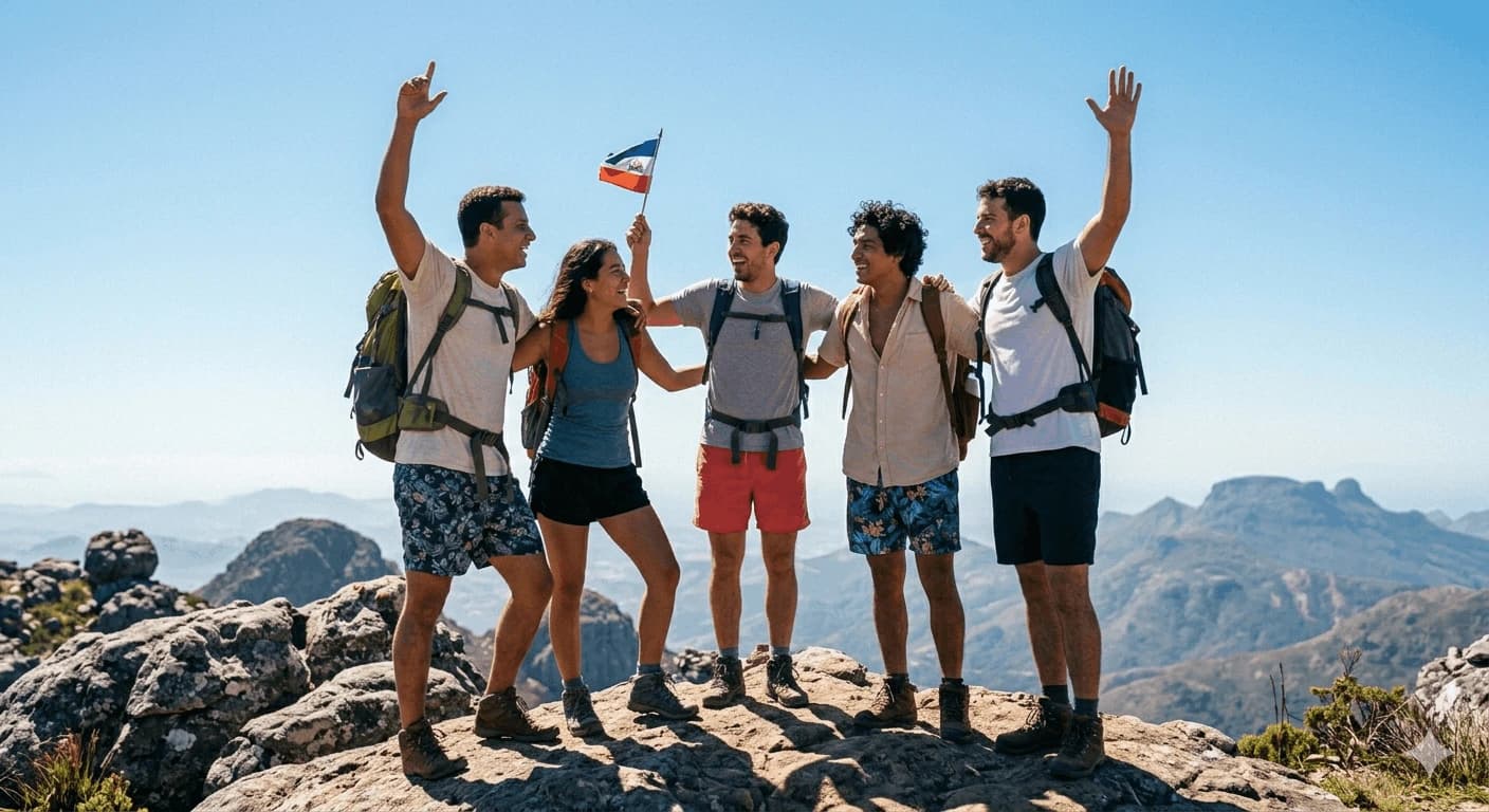 Groupe d'amis au sommet d'une montagne lors d'une sortie